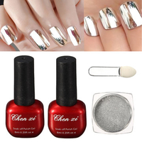 1 Silver Mirror Metallic Nail Powder With Brush + 1 Top Coat + 1 Base Gel