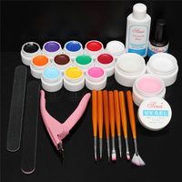 12 Pure Colors UV Gel Acrylic Builder Nail Brush File Kit Top Coat Set