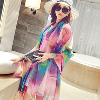 196*150CM Women Summer Silk Print Floral Oversized Beach Towel Sunscreen Visor Shawl