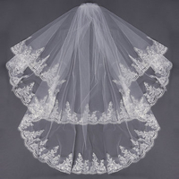 2 Layers Bridal Wedding Embroidery Lace Pearl Beaded Edge Elbow Veil With Comb