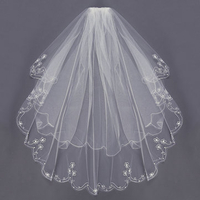 2 Layers Bride Elbow Beaded Edge Embroidery Pearls Bridal Veil With Comb