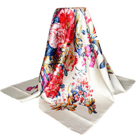 35"*35" Women Beige Vintage Flower Printed Silk-Satin Square Head Scarf