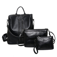 3PCS PU Leather Black Backpack Clutch Crossbody Bag Shoulder Bags For Women