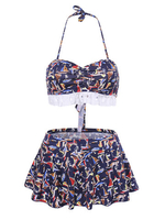 3pcs Training Lace Halter Printing Backless Cover-up Bikinis Set