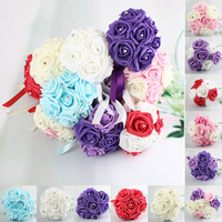 7 Heads Bride Bouquet Colourfast Foam Roses Crystal Artificial Flower Home Wedding Party Decoration