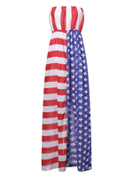 American Flag Star Striped Printed Double Deck Chiffon Strapless Ruffle Beach Dress