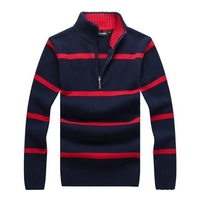 Autumn Winter Casual Stripe Half Zipper Up Stand Collar Slim Fit Knitted Sweater For Men