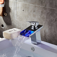 Bathroom LED 3 Colors Changing Sink Faucet Waterfall Temperature Control Light Tap Without Battery