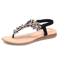 Beaded Flower Clip Toe Crystal Flat Elastic Beach Sandals