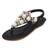 Beaded Metal Crystal Clip Toe Bohemia Flat Sandals For Women