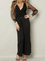 Beading Patchwork Long Sleeves V-neck Wide Leg Women Jumpsuit