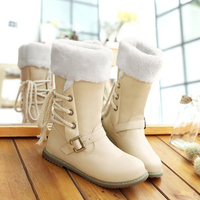 Big Size Buckle Folded Lace Decoration Slip On Mid Calf Boots