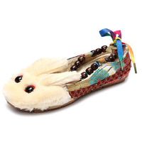 Big Size Colorful Bunny Rabit Cute Beaded Lace Up Vintage Canton Flat Shoes