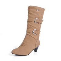 Big Size Pure Color Belt Buckle Wedges Mid Calf Women Boots