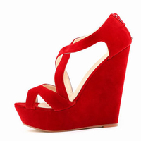 Big Size Suede Candy Color Zipper Hollow Out Peep Toe Wedge Heel Pumps