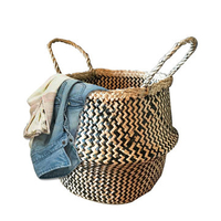 Black Natural Seagrass Belly Storage Basket Zig Zag Straw Planter Laundry Basket