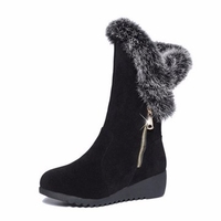 Black Zipper Furry Mid Calf Wedge Heel Warm Lining Casual Boots