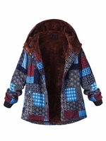 Block Printing Hooded Fleece Thick Coat