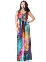 Bohemia Plus Size Colorful Feathers Printing V Neck Sleeveless Maxi Dress For Women