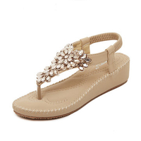 Bohemia Rhinestone Bead Crystal Shiny Clip Toe Elastic Flat Beach Sandals