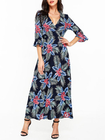 Bohemian Floral Print Cross Wrap V-neck 3/4 Sleeve Women Maxi Dresses
