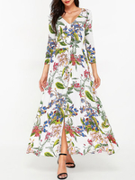Bohemian Floral Print Elastic Waist V-neck 3/4 Sleeve Women Maxi Dresses