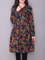 Bohemian Floral Print Pockets Long SLeeve Turn-Down Collar Dress