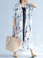 Bohemian Flower Printed Half Sleeve Long Cardigan Women Kimono