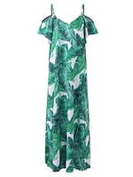 Bohemian Leaves Print Cold Shoulder Short Sleeve V-neck Maxi Dress