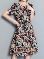 Bohemian Leaves Print O-neck Short Sleeve Women Dresses