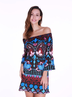 Bohemian Print Off-shoulder Horn Sleeve Mini Dress For Women