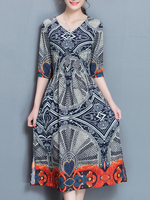 Bohemian Print Side Split Half Sleeve V-Neck Dress For Women