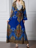 Bohemian Printed Blue Long Flare Sleeves O Neck Dresses