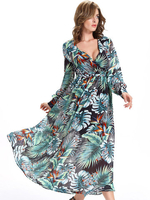 Bohemian Style Printed V-Neck Long Sleeve Women Chiffon Maxi Dresses