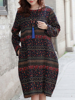 Bohemian Tribal Style Striped Long Sleeve O-Neck Dress