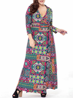 Bohemian Women Deep V Split Print Drawstring Stand Collar Dress