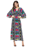 Bohemian Women Geometric Patterns Printed Colorful V-Neck Maxi Dress