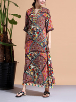 Bohemian Women Printed Embroidery V-Neck Tassels Stitching Robe Dress