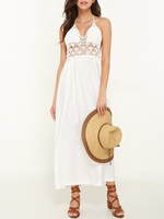 Boho Lace Patchwork Hollow Backless Halter Women Maxi Dress