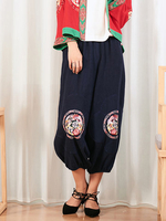 BOHUI Vintage Embroidered Elastic Waist Women Pants