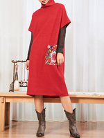 BOHUI Vintage Floral Embroidered Patchwork Short Sleeve Turtleneck Dresses