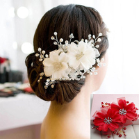 Bride Red White Flower Bridal Wedding Rhinestone Crystal Hair Clips Headpiece Accessories