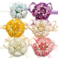 Bridemaid Silk Rose Flower Pearl Bracelet Wrist Corsage Wedding Party Bridal Accessories.