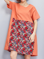 Brief O-neck Pocket Patchwork Printed Dresses For Women