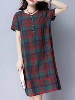 Brief Plaid O-Neck Short Sleeve Women Casual Dresses