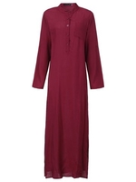 Brief Solid Stand Collar Long Sleeve Women Maxi Shirt Dress