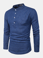 Brief Style Denim Chinese Collar Long Sleeve Casual T-shirt