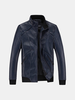 Business Outdoor PU Leather Solid Color Casual Rib Cuff Stand Collar Jacket For Men