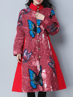 Butterflies Print Patchwork Turtleneck Women Coats