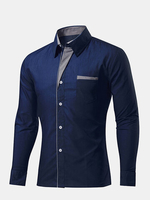 Casual Business Stripe Decoration Long Sleeve Solid Color Slim Dress Shirt for Men